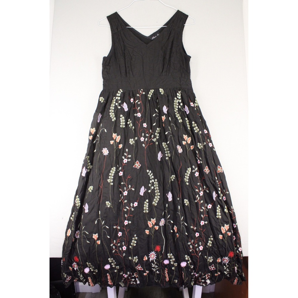 Phool Black Floral Butterfly Embroidered Rayon Maxi Dress Womens S Boho V-Neck